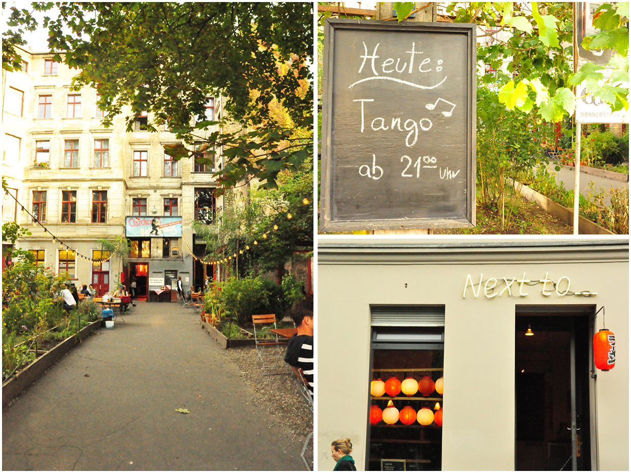 FotosColuna7 Trio de imagens: pátio do Clärchens Ballhaus com árvores e cordão de luzes, placa anunciando aula de tango e fachada de galeria de arte na August Straße.