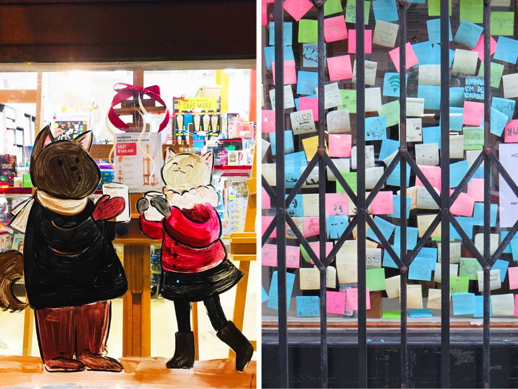 Mosaico com duas imagens: a primeira com um casal de gatos ilustrados na vitrine de uma livraria. A segunda: uma grade de ferro encobrindo dezenas de bilhetes coloridos