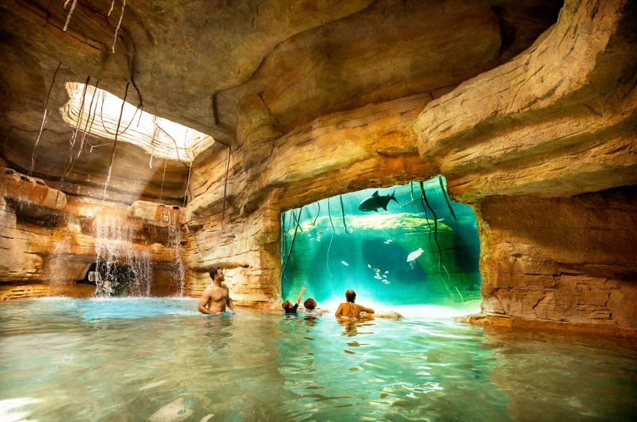 Após uma queda de 15 metros de altura no escuro, o Abyss deixa dentro de um cenote artificial.