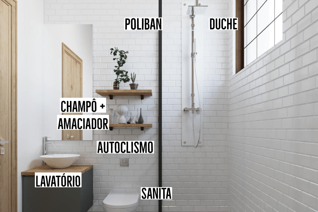 Banheiro de azulejos brancos dividido ao meio, com box e chuveiro de um lado, privada, prateleiras e pia do outro