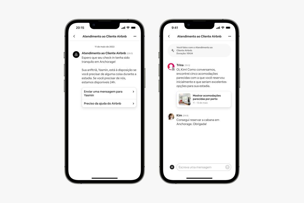 A imagem ilustra dois celulares onde, nas telas, é possível ver uma conversa entre uma hóspede e uma atendente do Airbnb. Por causa de algum problema na reserva, a atendente está sugerindo novas acomodações para a cliente da plataforma