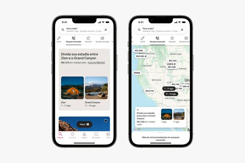 A imagem ilustra dois celulares em que, nas telas, vê-se uma sugestão de duas estadias em parque nacionais americanos e um mapa que mostra a localização desses parques.