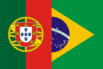 Uma ilustração que une metade da bandeira de Portugal, à esquerda, e metade da bandeira do Brasil, à direita