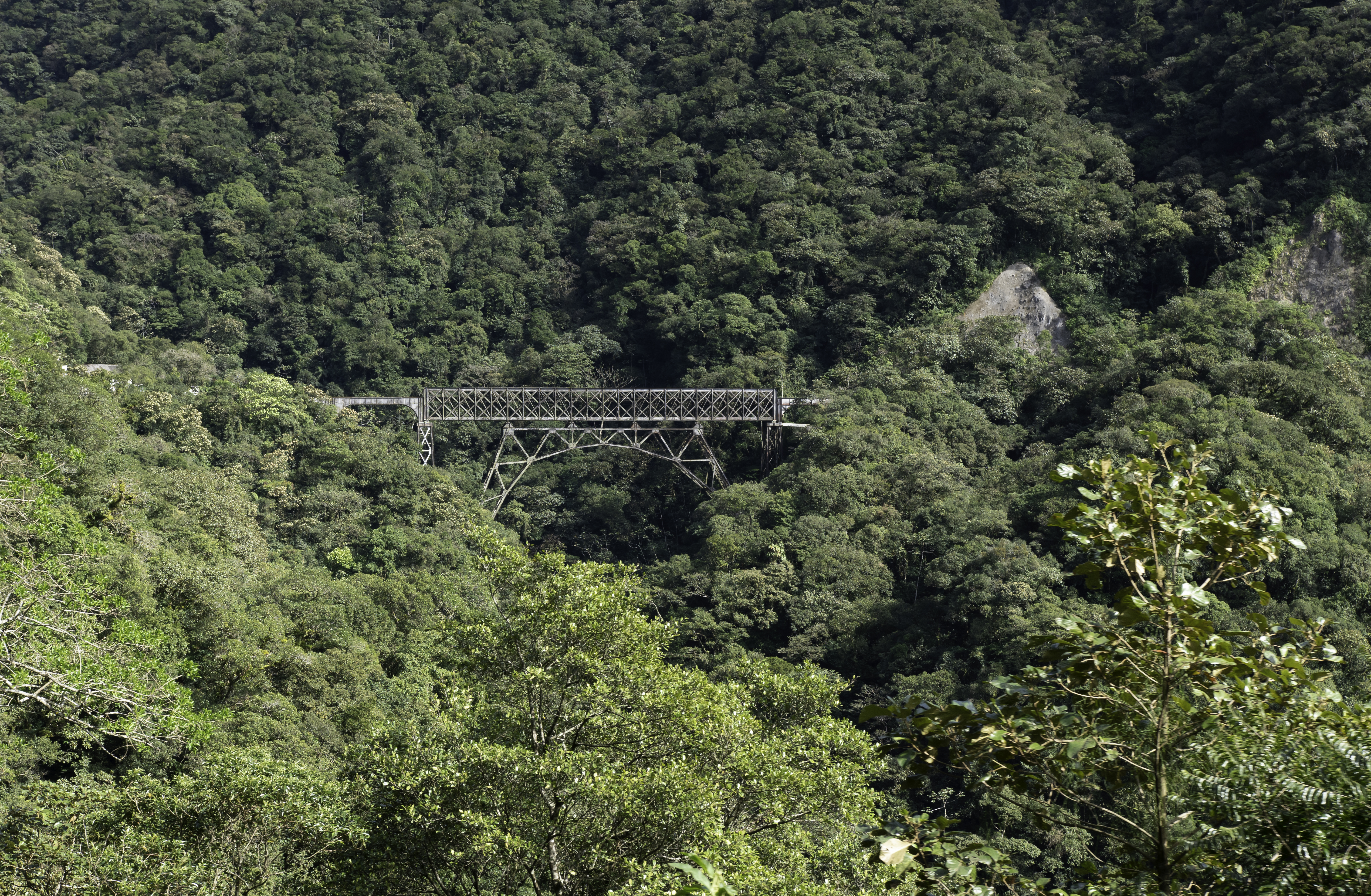 A fotografia colorida mostra uma ponte de metal com um arco de sustentação em meio a montanhas preenchidas com mata verde