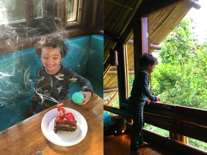 Foto 1: Criança sorrindo em frente a vela do bolo recém apagada, com fumaça.Fotos 2: menino de 5 anos olhando a paisagem numa janela panorâmica para a mata