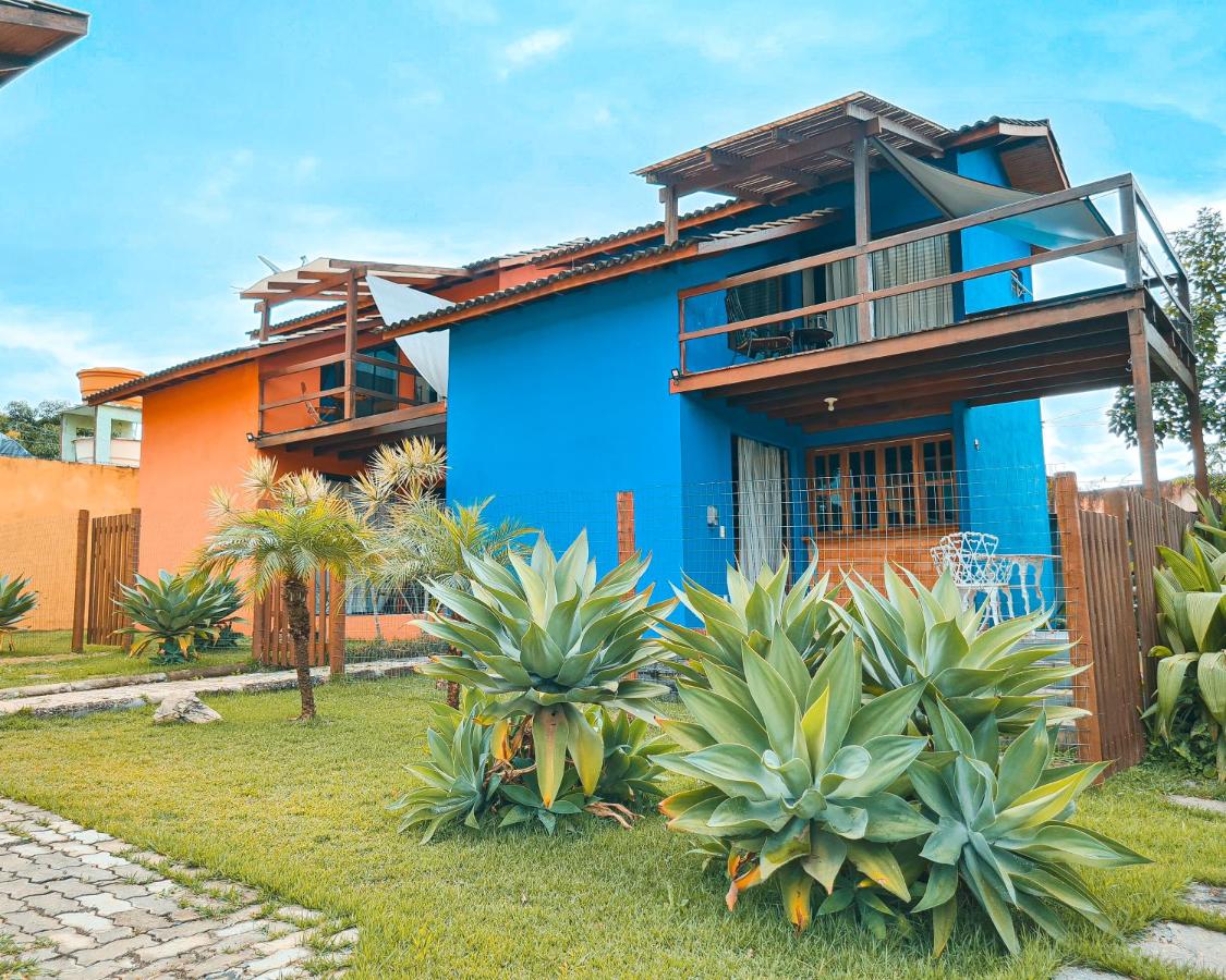 A fotografia colorida mostra duas casas de dois andares, sendo uma azul e outra laranja. Elas estão cercadas por grama e arbustos pontiagudos.
