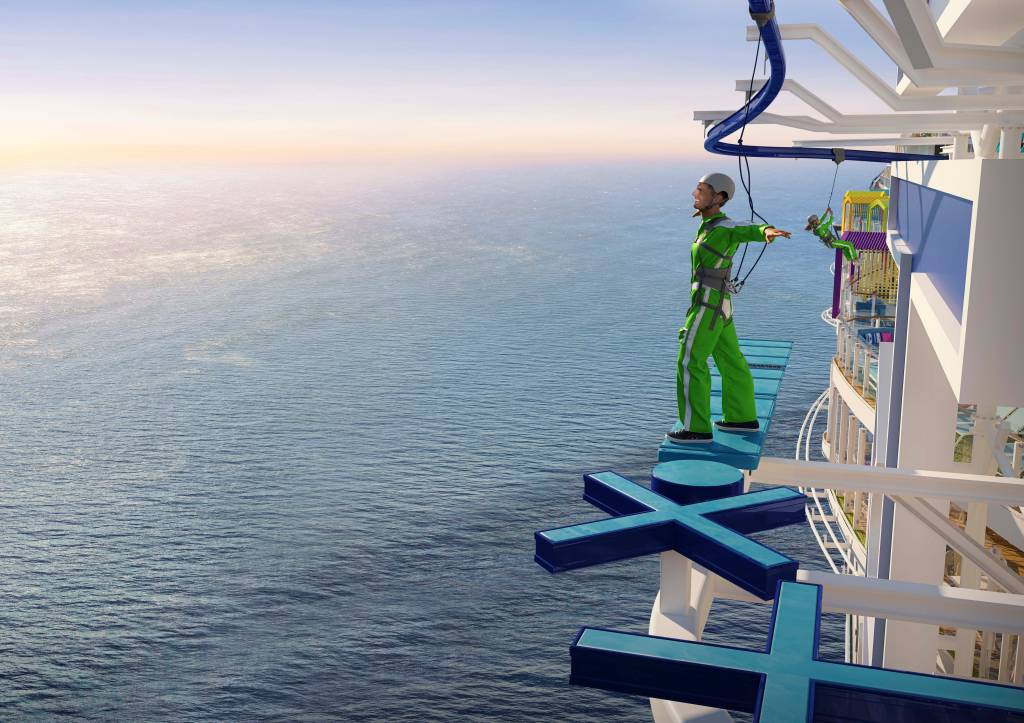 A imagem é um projeto gráfico que mostra uma pessoa pendurada por uma corda sobre uma plataforma suspensa sobre o mar.
