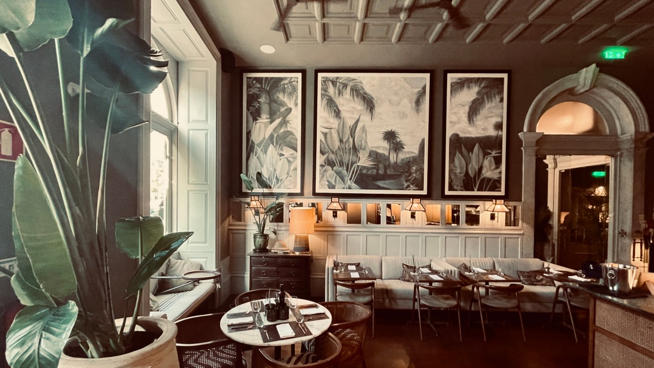 Restaurante com uma planta em primeiro plano, uma grande janela à esquerda e pequenas mesas com cadeiras de madeira e palhinha, com fotografias de plantas nas paredes