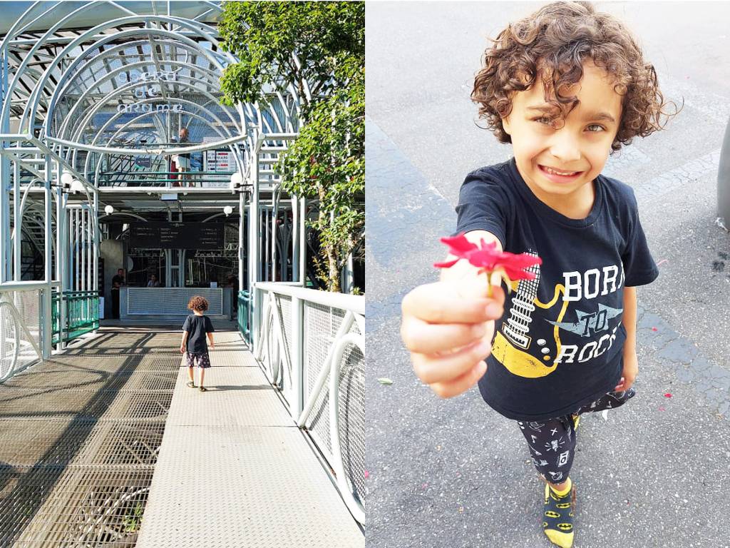 À esquerda, criança andando sob a passarela da ópera de Arame em Curitiba. À direita, menino em primeiro plano oferecendo uma flor