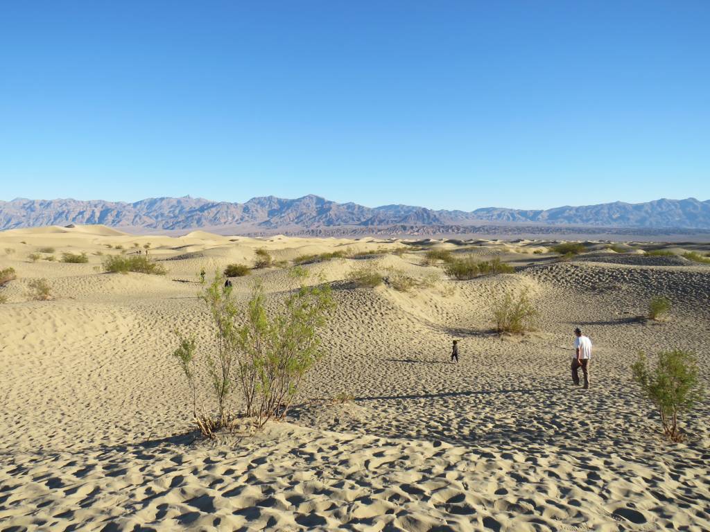 Homem e criança caminhando sob dunas de areia