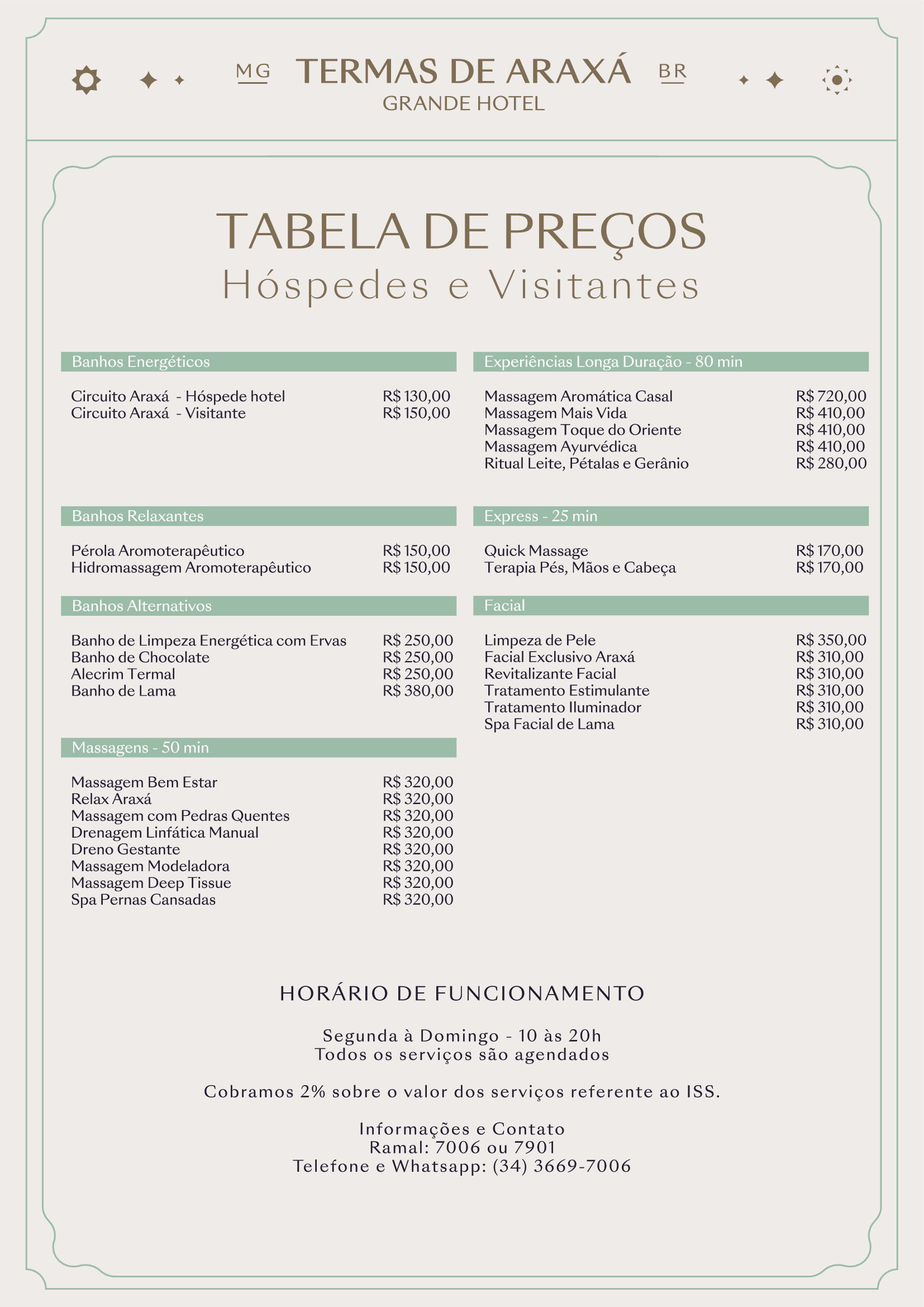 Tabela de Preços Termas, Grande Hotel Termas de Araxá, Minas Gerais, Brasil