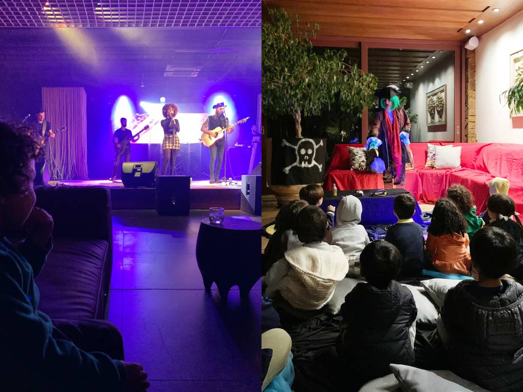 À esquerda: show noturno com três pessoas no palco e platéia em primeiro plano. À direita: grupo de crianças de costas assistindo atentamente a um show infantil