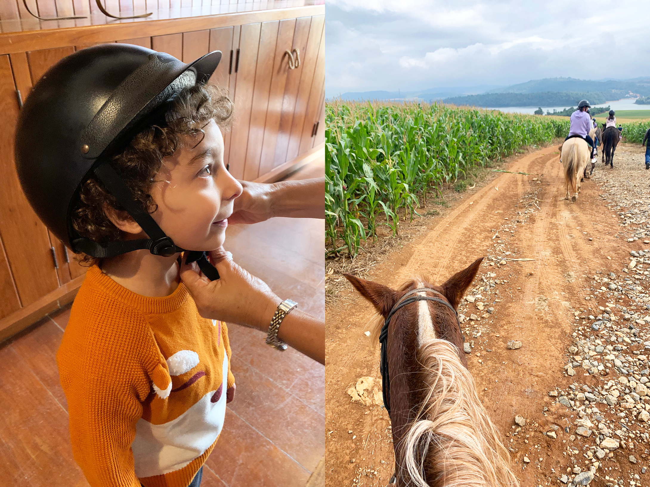 À esquerda: criança em perfil usando capacete de hipismo. À direita: cavalos galopando em uma estrada de terra do ponto de vista de uma pessoa montada em um deles