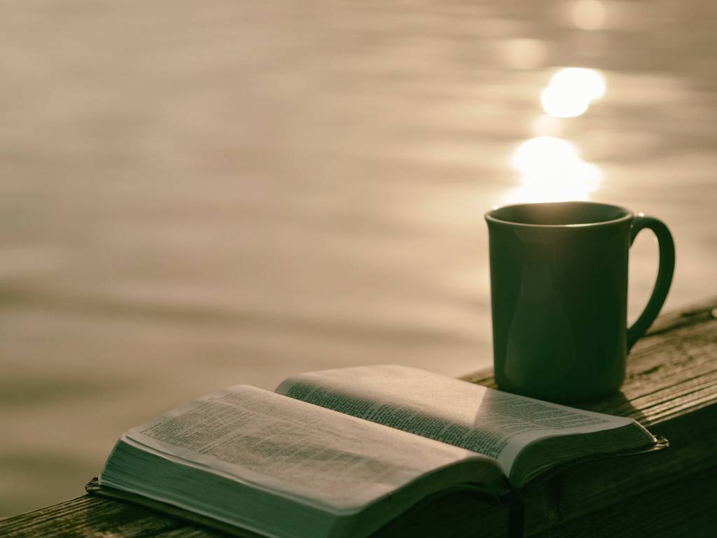 Um livro e uma caneca de café e, no fundo, o mar com o reflexo do sol