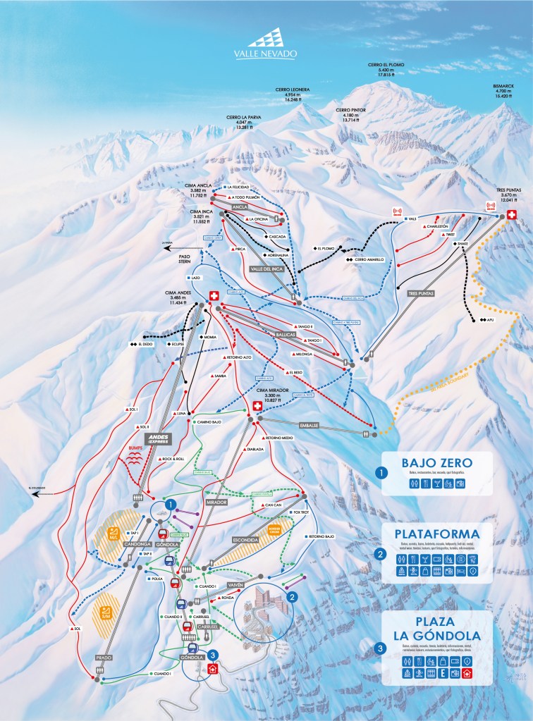 Mapa das pistas, Valle Nevado, Chile