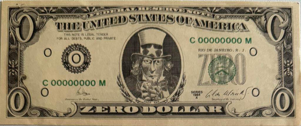 Cildo Meireles_Zero Dólar_1984_cédulas impressas em offset Zero Dólar, de Cildo Meireles