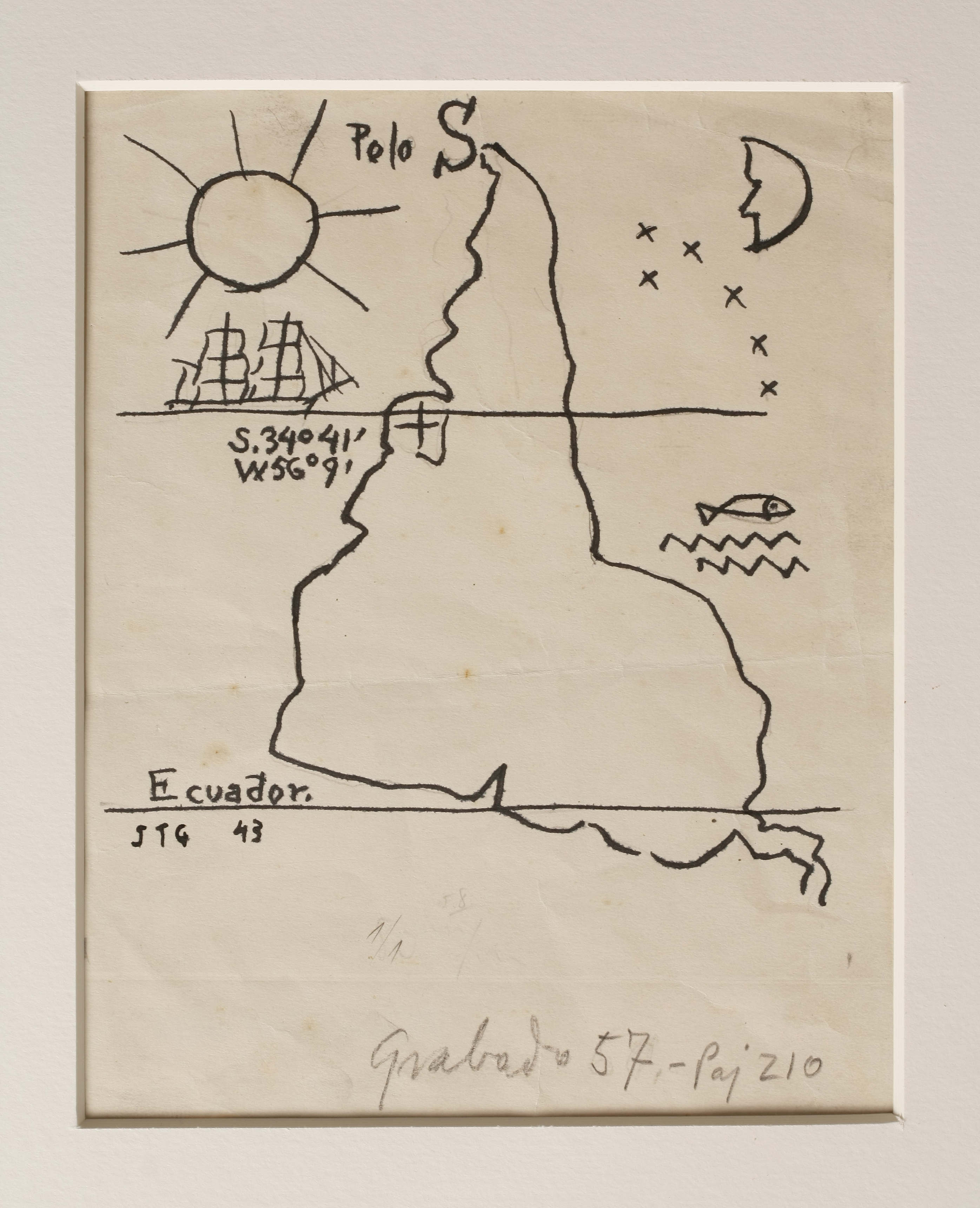 Desenho de um mapa da América do Sul invertido, com o Polo Sul no topo. O sol e um navio aparecem à esquerda, a lua e estrelas à direita, e um peixe sobre ondas no centro. As coordenadas S.34º41 W.56º9 estão abaixo do navio. A palavra Ecuador e os números JTG 43 estão à esquerda, e Grabado 57.-Paj 210 na parte inferior