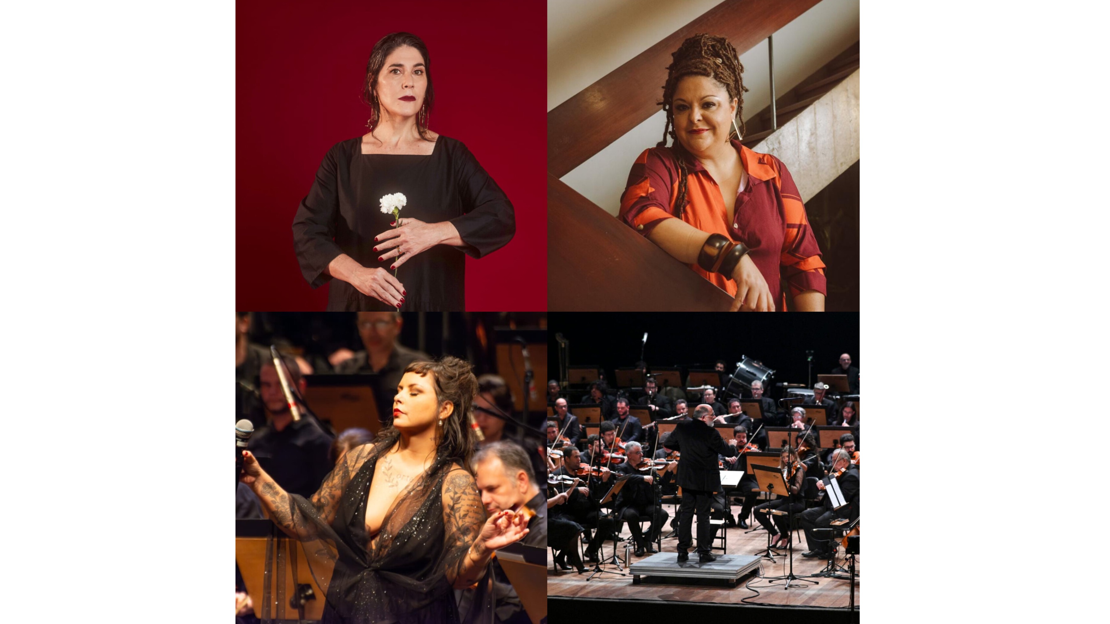 Colagem de quatro imagens: mulher de cabelo escuro e batom vinho segurando flor branca; mulher negra de dreads e blusa estampada; cantora de cabelo curto e blusa preta transparente; orquestra com maestro de costas no palco