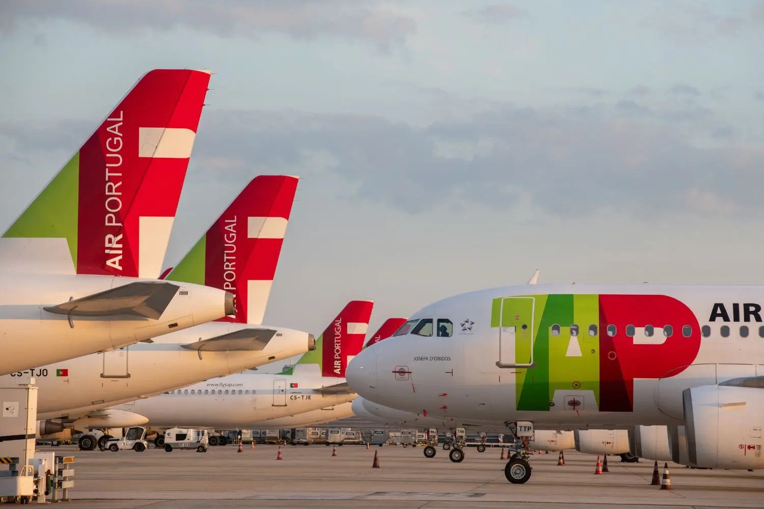 Vários aviões da Air Portugal estacionados em um pátio de aeroporto, com as caudas vermelhas e verdes visíveis, e a fuselagem branca com a inscrição AIR PORTUGAL e o logo TAP em destaque