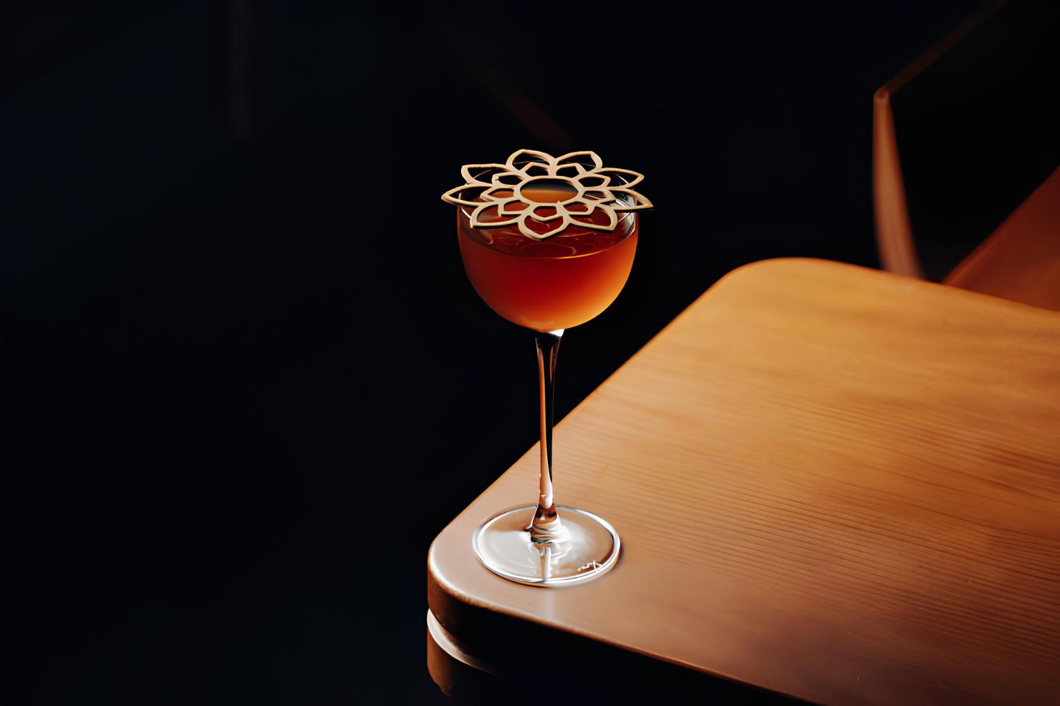 Coquetel âmbar em taça de haste fina, decorado com uma flor vazada dourada, sobre uma mesa de madeira clara com fundo escuro